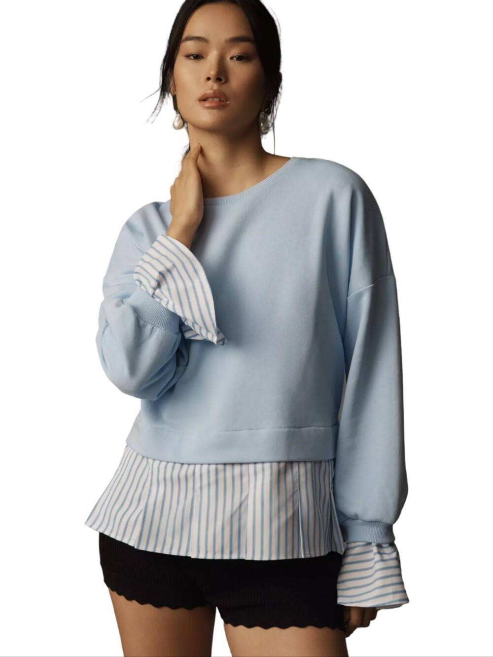 Anthropologie Maeve Striped Trim Twofer Sweatshirt Oversized Fit Wedgewood Blue